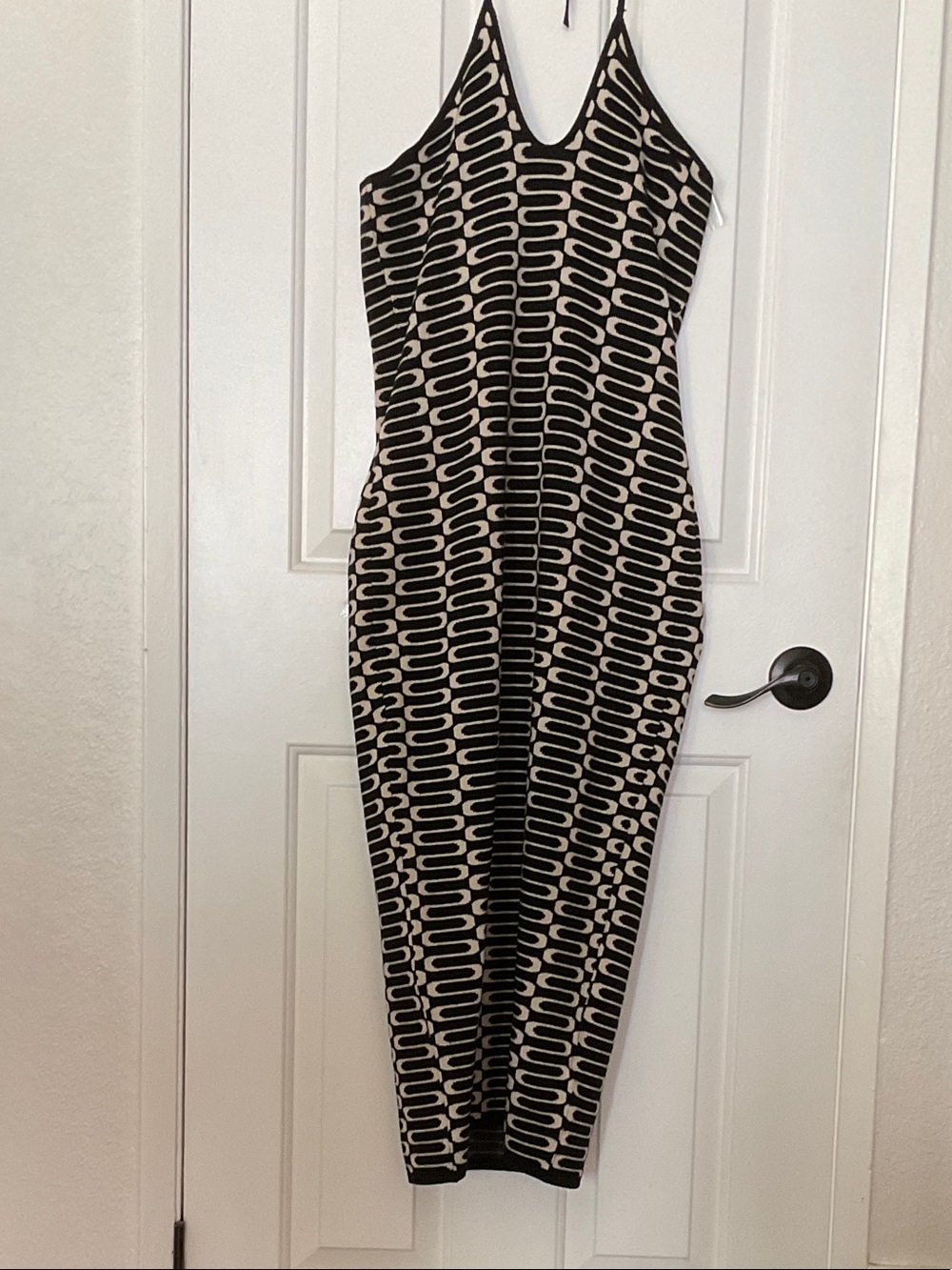 Fashion Nova Black and Cream Patterned Midi Sweater Dress